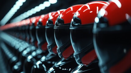 Lined-Up Motorcycles with Helmets Creating a Strong Visual Impact &ndash; Power, Precision, and Biker Culture in Perfect Formation