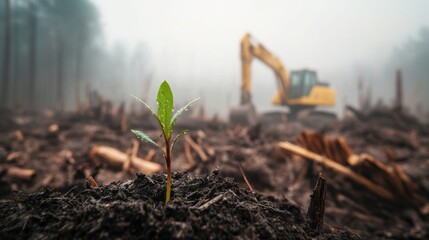 Green lush sprout growing in deforestation field. Ecology. Environment conservation topic.