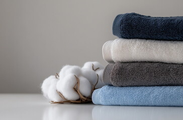 Natural cotton towels stacked with cotton branch. Soft texture and earthy tones evoke eco-friendly comfort and home warmth.

