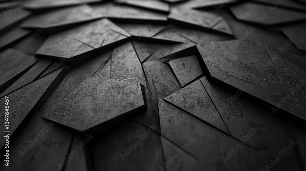 Poster the black polygonal surface of this 3d banner is accentuated by triangular pyramids, giving it a fut