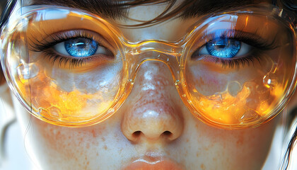 Stunning face of a young girl with freckles, piercing blue eyes, and bright orange sunglasses. Reflective details are amazing!