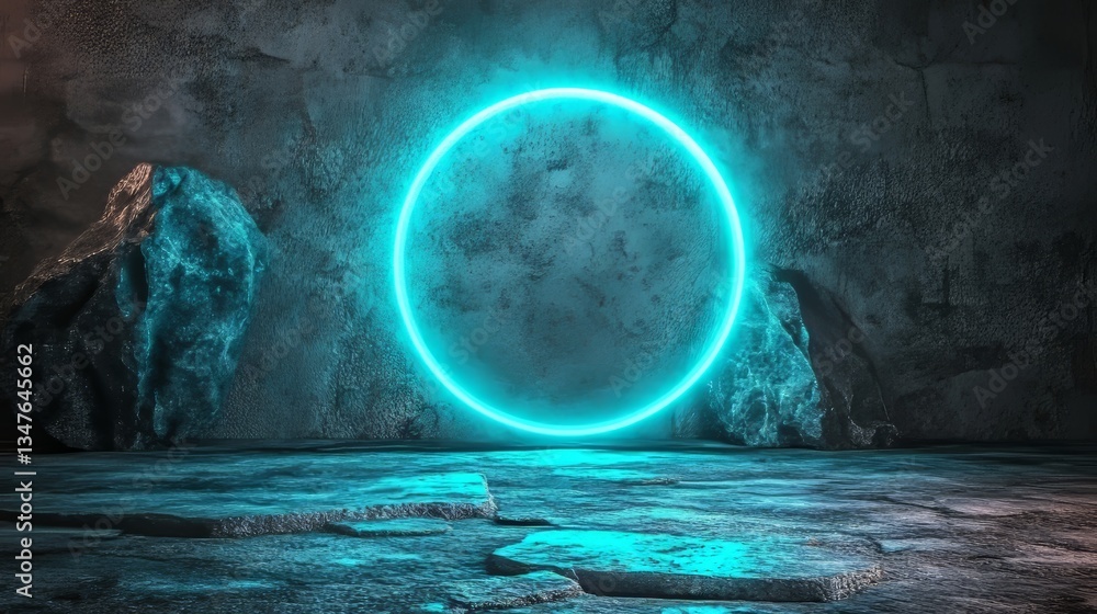 Poster a tech-themed background with a neon circle serves as the setting for a white surface that boasts an