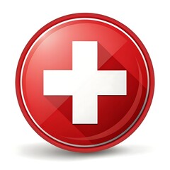 Obraz premium A bold red circle prominently displays a white cross, symbolizing healthcare and medical assistance, with a glossy, three-dimensional effect.