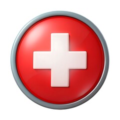 Obraz premium A bold red circle with a prominent white cross symbolizing healthcare, hope, and medical assistance, a glossy 3D button design.