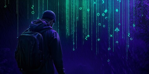 Obraz premium Hacker with backpack walking in forest at night observing augmented reality made of falling digital rain of code, symbols and futuristic data