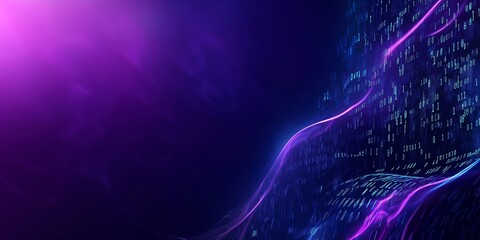 Abstract technology background showcasing flowing binary code and dynamic waves in a vibrant purple and blue color scheme, creating a futuristic and digital atmosphere