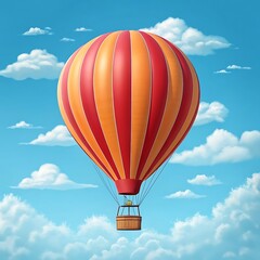 Fototapeta premium A vibrant red and orange hot air balloon gracefully ascends into a cheerful, sunny sky filled with fluffy white clouds, a picturesque scene evoking feelings of adventure and freedom.