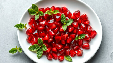 Top View of Pomegranate Seeds and Mint Leaves on White Plate