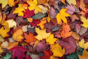Fototapeta premium Colorful autumn leaves scattered on the ground.
