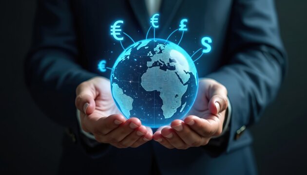 Businessman holding glowing world globe with currency signs. Concept of global currency exchange, forex, digital economy, international finance. Dollar, euro, yen, pound sterling symbols connected to