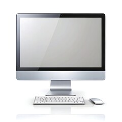 Fototapeta premium A sleek silver desktop computer ready for work or play, showcasing a brilliant blank screen, inviting creativity and potential with a minimalist keyboard and mouse.