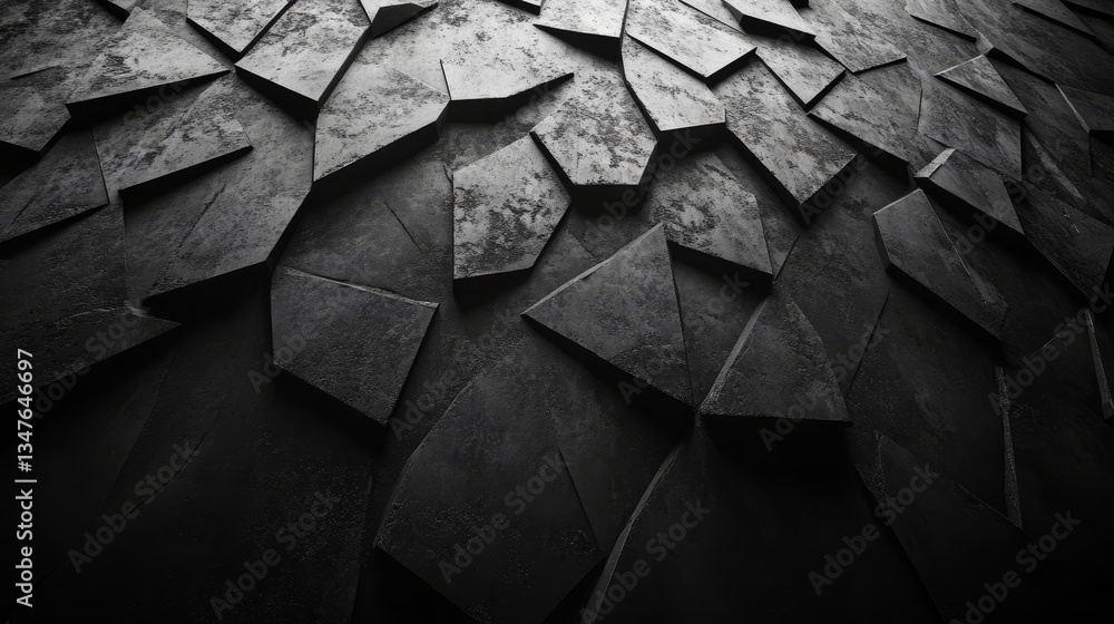 Poster polished blocks form a triangular black background for a futuristic wall created by arranging 3d til
