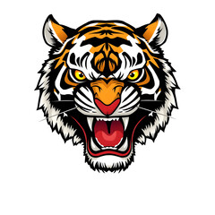 The Fierce Roar: A tiger's head roars with open mouth, showcasing the animal's powerful presence and striking colors