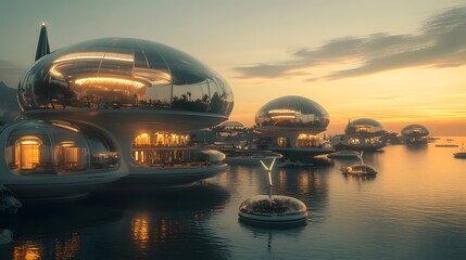 A futuristic waterside city with domed buildings bathed in golden light, envisioning a sleek architectural design. Reflection on water, capturing the dawn or dusk