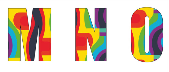 Vector font with geometric abstract
bright colorful pattern in lgbt style. 
A set of letters of english alphabet in rainbow colors for
clothing, fabric, textile, paper, inscription on t-shirt.