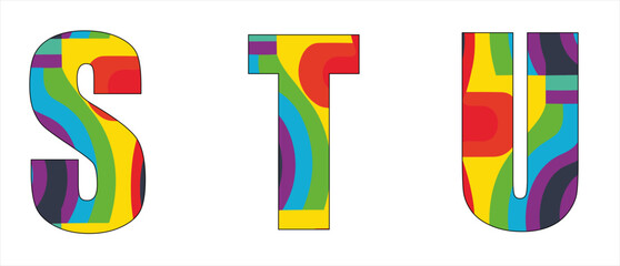 Vector font with geometric abstract
bright colorful pattern in lgbt style. 
A set of letters of english alphabet in rainbow colors for
clothing, fabric, textile, paper, inscription on t-shirt.