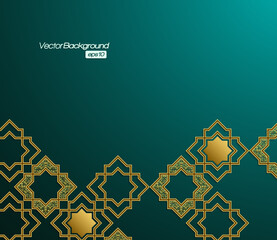 Elegant Islamic Geometric Design Featuring Golden Patterns on a Green Gradient Background; 3D abstract background with Islamic geometric elements