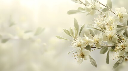 Delicate white blossoms on a branch, soft-focus background, springtime nature scene, ideal for greeting cards