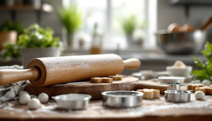 A wooden rolling pin and cookie cutters on a table