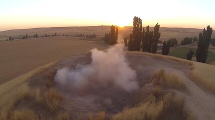 Smoke from a hole at sunrise over wheat field