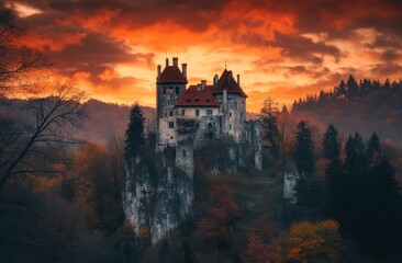 Fototapeta premium The Bran or Dracula Castle is situated in Transylvania, Romania, and is located atop a mountain