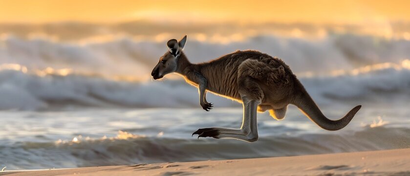 Western Grey Kangaroo leaping between sand dune coastal headland ocean wave crashing background Golden light outline silhouette adding dramatic artistic feel fine art wildlife photograph captured