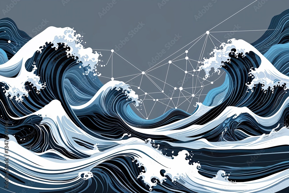 Poster dynamic abstract grey background poster with waves and technology network illustration
