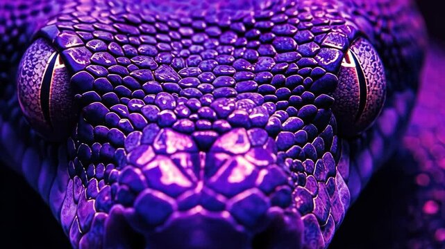 Close-up view of a purple-tinted snake revealing intricate scales and striking eyes in a natural habitat