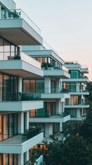 Obraz premium Modern apartment building at sunset, city view, residential architecture, real estate
