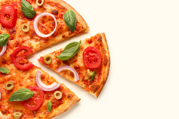 Tasty pizza with olives, tomatoes and basil on white background