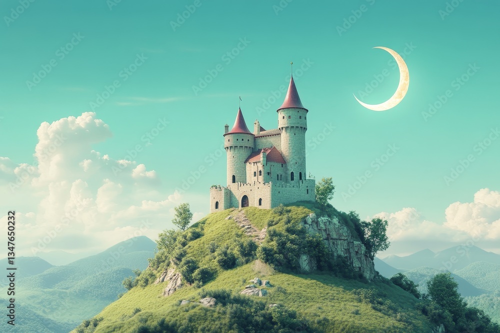 Poster a mystical medieval kingdom with a fairytale dreamlike castle set against the backdrop of a large cr