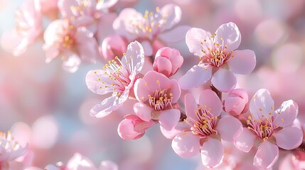 Naklejka premium Pink cherry blossoms blooming in spring, soft focus background, perfect for spring greetings or nature websites