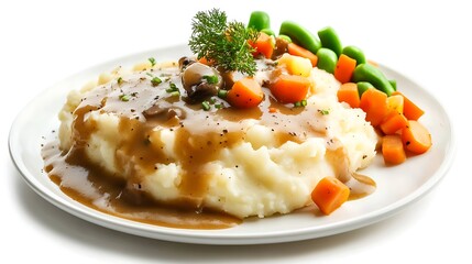 Homemade mashed potatoes with gravy on rustic table high resolution picture