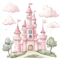 A hand-drawn watercolor illustration of a pink castle situated in the clouds, intended for children's design