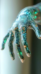 Transparent robotic hand reaching, futuristic technology, blurred background, sci-fi concept, ideal for tech websites