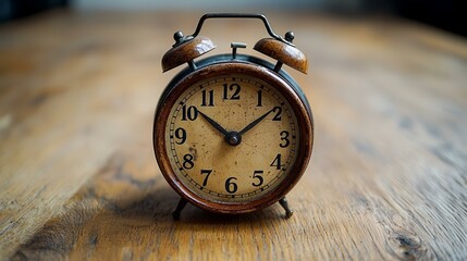 Vintage alarm clock on wooden table, showing time; blurry background.  Use websites, blogs, articles about time management