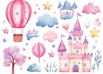 Collection of adorable watercolor unicorn kingdom and castle illustrations suitable for children's books and birthday parties