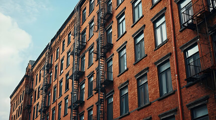 Red Brick Apartment Building With Fire Escapes and Windows Against Blue Sky in Daylight