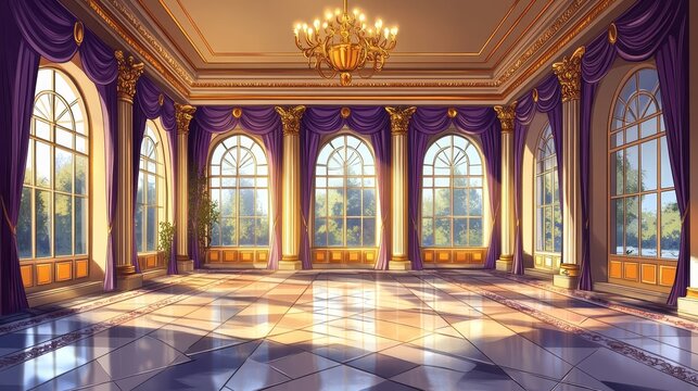 A modern cartoon illustration of a palace ballroom, complete with windows, curtains, columns, and gold chandeliers, is depicted in a royal castle setting