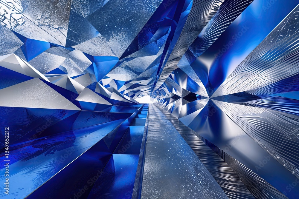 Poster vibrant cobalt and silver geometric landscape featuring intricate patterns and dynamic textures