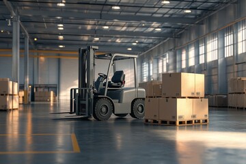 Naklejka premium A forklift truck is used in a warehouse or storage facility to load cardboard boxes