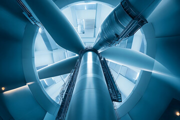 Obraz premium Low angle view of a large wind turbine interior with ladder and blades