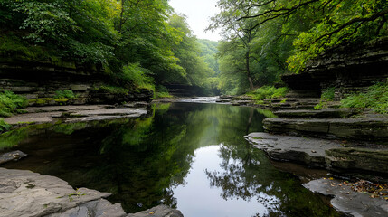 Naklejka premium Serene River Flowing Through Lush Green Forest with Rock Formation and Clear Water Reflection Under Sunlight
