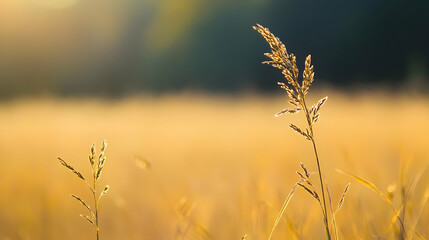 Fototapeta premium Golden Field With Tall Grass Illuminated By Sunlight During Summer Day with Blurred Background