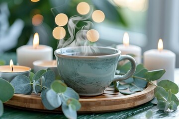 Close-up of a steaming cup of herbal tea amidst eucalyptus leaves and candles on a wooden tray.