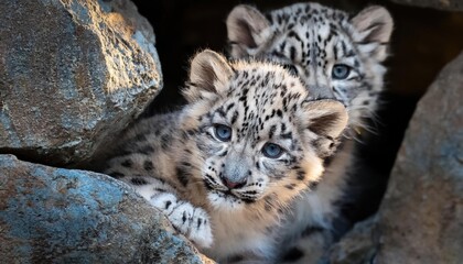 Obraz premium Two snow leopard cubs hiding among rocks, curiously looking out with striking blue eyes