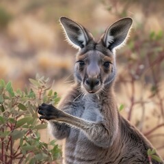 Fototapeta premium Western Grey Kangaroo licking forearms cool down midday heat framed sparse vegetation arid shrubland shallow depth of field intimate detailed wildlife close up sharp focus on whiskers and fur texture