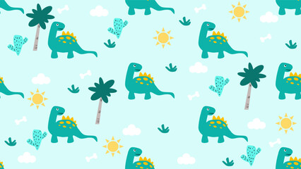 Dinosaurs seamless pattern background. Cute Dinosaurs illustration pattern. Cartoon Dinosaurs background. Perfect for fashion clothes, shirt, fabrics, textiles, wallpaper, decor, print, packaging.