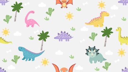 Dinosaurs seamless pattern background. Cute Dinosaurs illustration pattern. Cartoon Dinosaurs background. Perfect for fashion clothes, shirt, fabrics, textiles, wallpaper, decor, print, packaging.