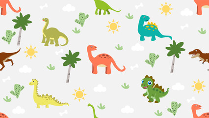 Dinosaurs seamless pattern background. Cute Dinosaurs illustration pattern. Cartoon Dinosaurs background. Perfect for fashion clothes, shirt, fabrics, textiles, wallpaper, decor, print, packaging.